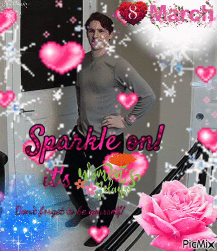 a man with his hands on his hips is surrounded by pink hearts and the words sparkle on