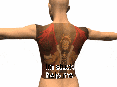 a man has a tattoo of hawks on his back and the words im stuck help me on the bottom