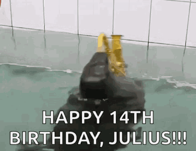 a person is playing a saxophone in a bathtub and says `` happy 14th birthday , julius ! ''