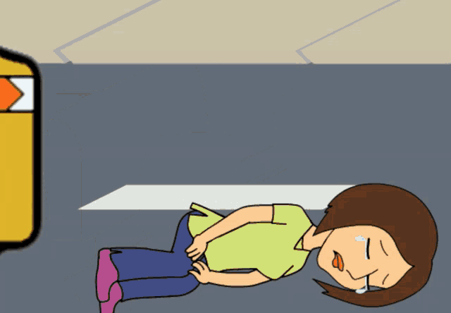 a cartoon of a person laying on the ground with a yellow car behind them