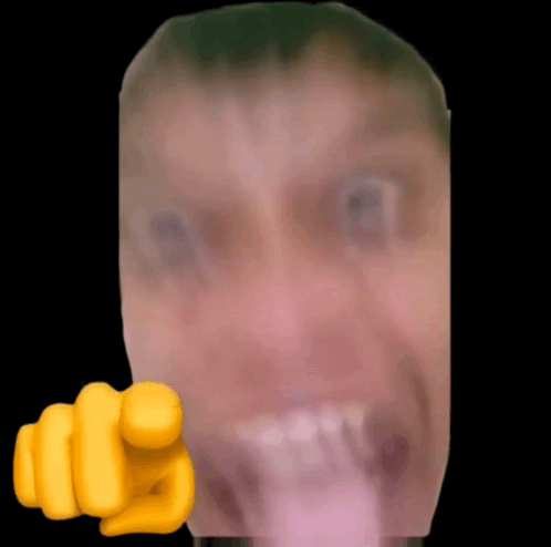 a close up of a person 's face with a yellow fist pointing at it