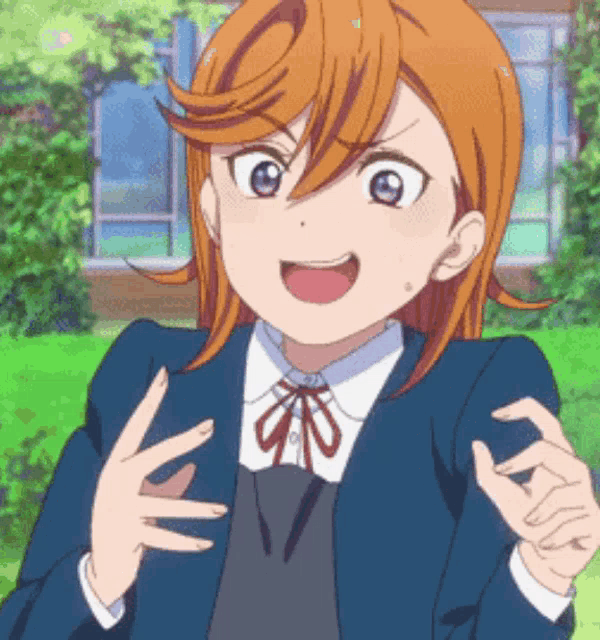 a girl with orange hair and blue eyes is wearing a school uniform and making a funny face