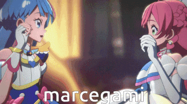 two anime girls are standing next to each other with the words marcegami in the bottom right corner