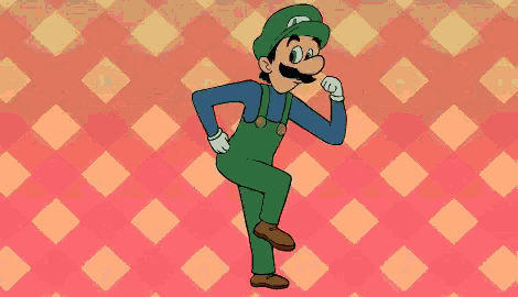 a cartoon of a man with overalls and a hat is dancing