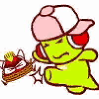 a cartoon frog wearing a pink hat is holding a cake .