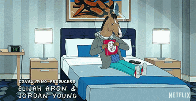 a cartoon of a horse sitting on a bed holding a book
