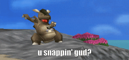 a cartoon character with the words u snappin ' gud written below it
