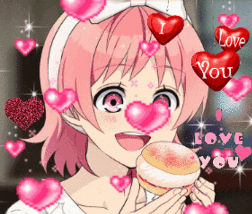 a girl with pink hair is holding a donut with hearts around her and a heart that says love you