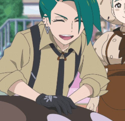 a girl with green hair and black gloves is smiling in a cartoon