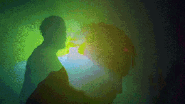 a shadow of a man and a woman on a green wall