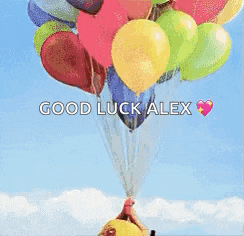 a bunch of balloons are being held up in the air with the words good luck alex above them