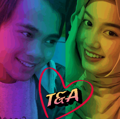 a man and a woman are standing next to each other with the words t & a on a heart