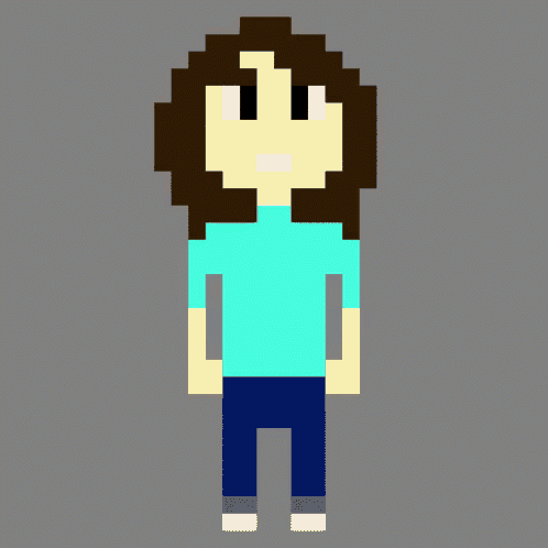 a pixel art of a girl in a blue shirt and jeans