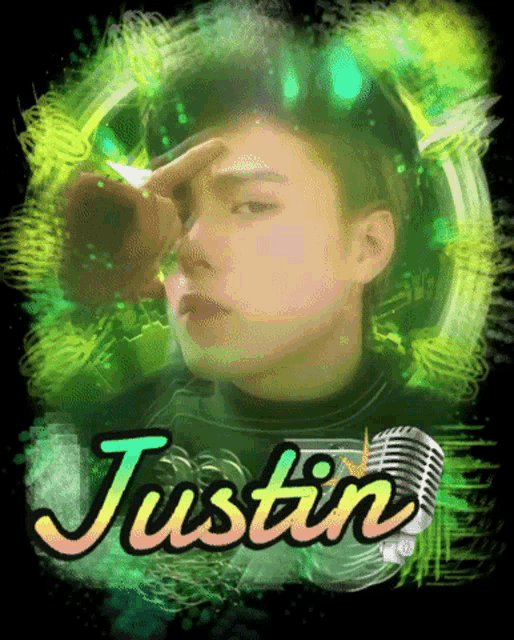a picture of a young man with the name justin
