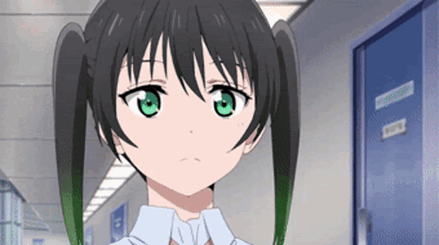a girl with pigtails and green eyes stands in a hallway