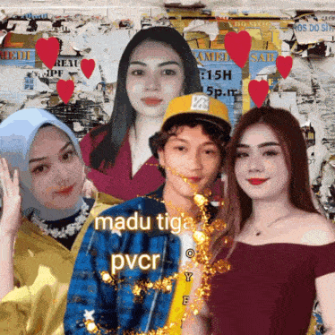 a group of people standing in front of a wall with hearts and the words madu tiga pvcr on the bottom