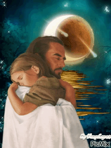 a painting of jesus hugging a little girl with a crescent moon in the background by picmix
