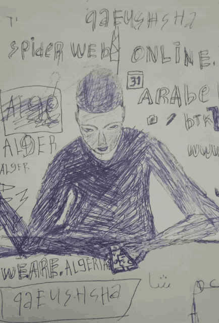 a drawing of a man using a computer with the words spider web online arabic