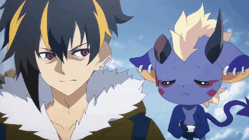 a cartoon drawing of a man and a purple cat with horns