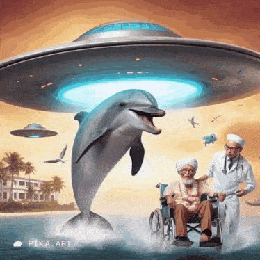 a man in a wheelchair is being helped by a dolphin and a doctor