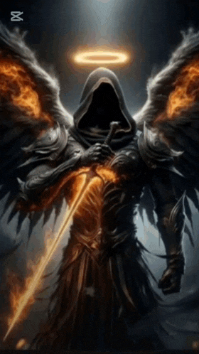 a grim reaper with flaming wings and a sword