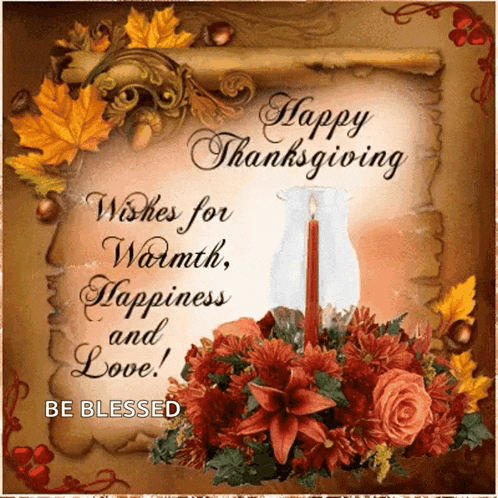 a happy thanksgiving card with a candle and flowers on it