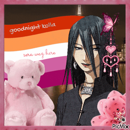 a picture of a girl with a pink teddy bear and the words goodnight kolla on the top