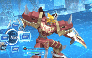 a video game screen shows a red robot with a yellow head