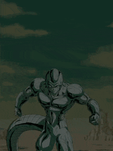 a cartoon drawing of a metallic superhero with a snake tail