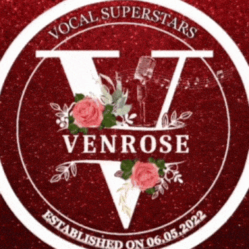 a logo for vocal superstars venrose with roses and a microphone