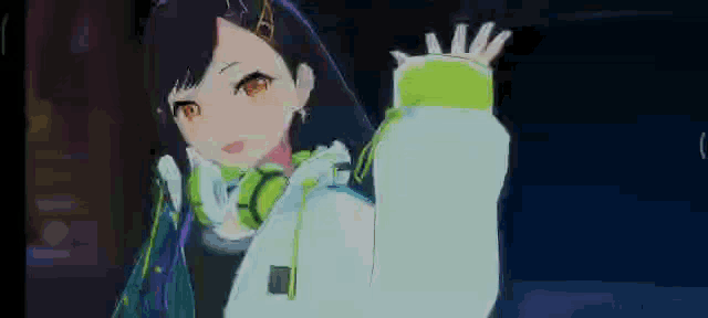a girl in a white jacket and green headphones is waving her hand in the air .
