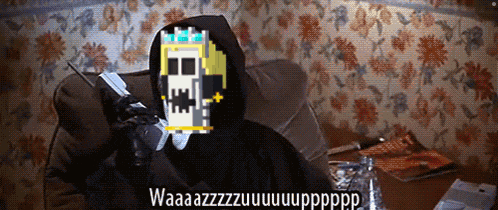 a pixelated image of a person sitting on a couch with the words waaaazzzzzzu written on the bottom right