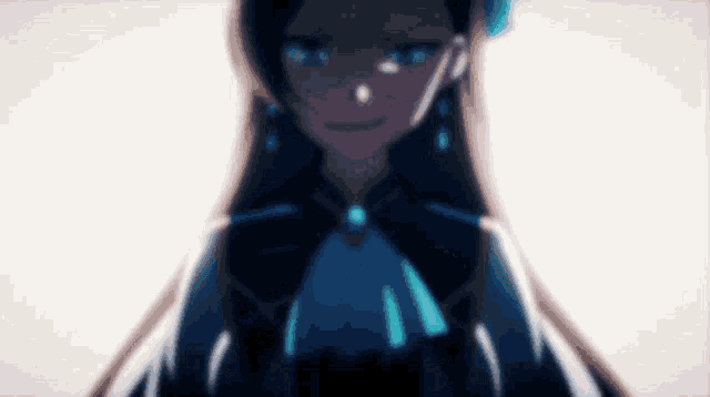 a close up of a girl with long hair and a blue bow tie .
