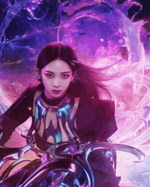a woman in a futuristic outfit is holding a sword in a purple and blue painting .