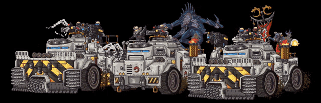 a pixel art drawing of a group of vehicles with the letters eo on the side