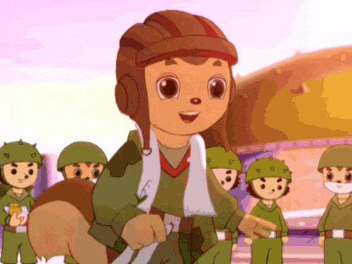 a cartoon of a boy wearing a helmet and standing in front of a group of soldiers