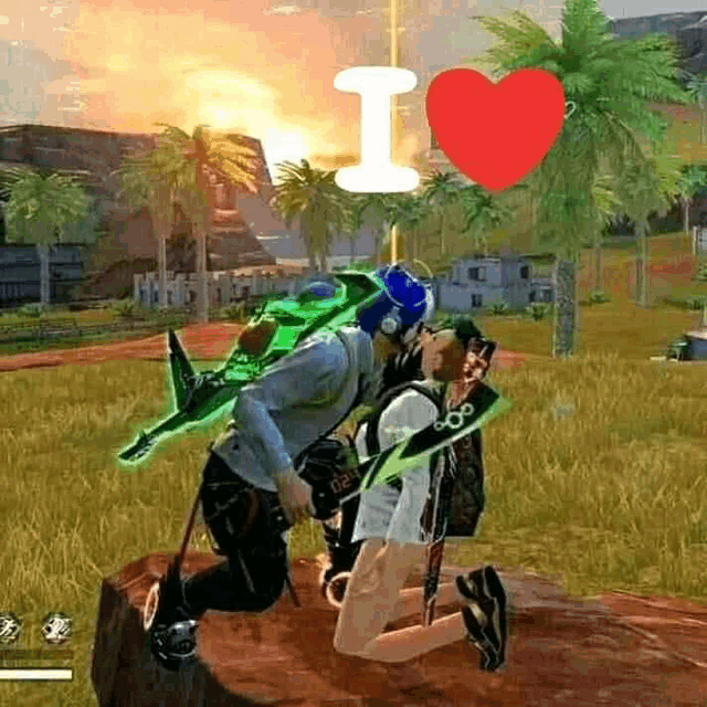 a man and a woman are kissing in a video game while a heart is in the background .