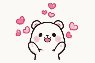 a cartoon bear is surrounded by pink hearts and has a smile on his face .
