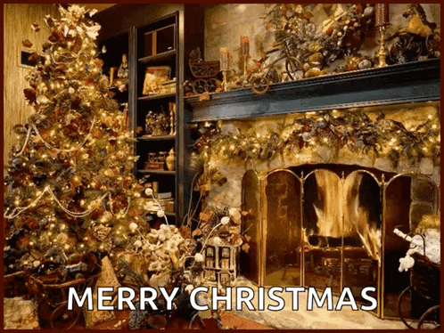 a merry christmas greeting card with a fireplace and a christmas tree