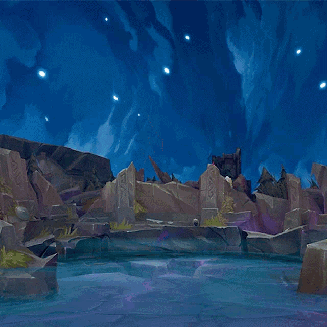 a painting of a statue in a cave with a blue sky in the background