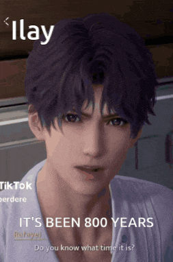 a picture of a man with purple hair and the words " it 's been 800 years " on top