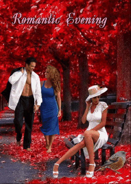 a man and two women are walking in a park with the words romantic evening on the bottom