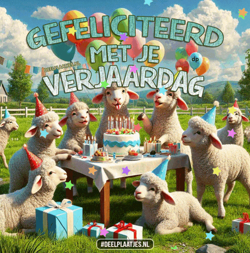 a group of sheep are celebrating a birthday with a cake and presents