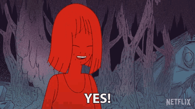 a red cartoon character says yes in front of trees