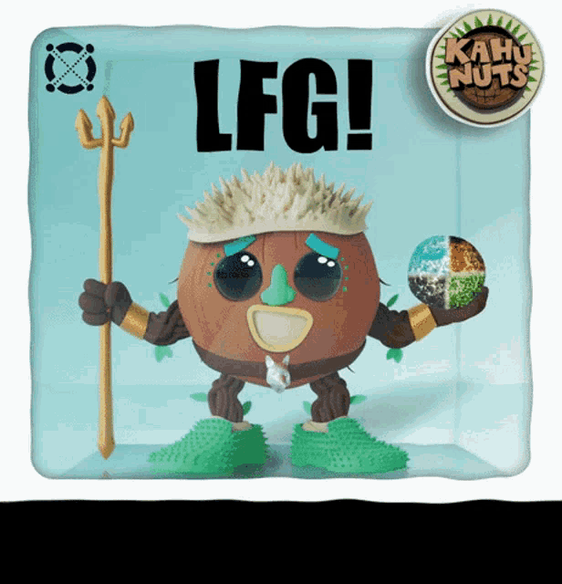 a cartoon character holding a trident and a ball with the word lfg written on it