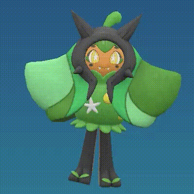 a cartoon character with a green hat and horns is standing in front of a blue sky .