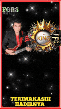 a man is holding a guitar in front of a king logo