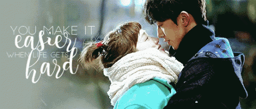 a man and woman kissing with the words you make it easier when life gets hard below them