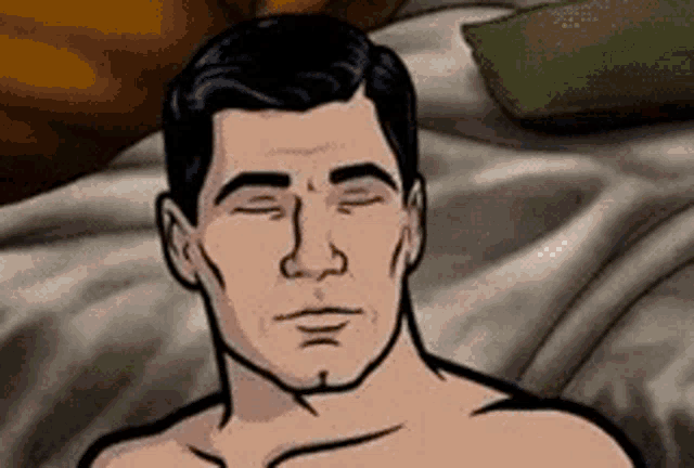 a shirtless archer is laying on a bed with his eyes closed and his eyes closed .