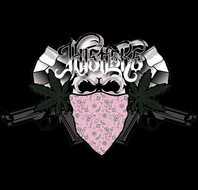 a skull wearing a pink bandana with a marijuana leaf and the word hustle on it